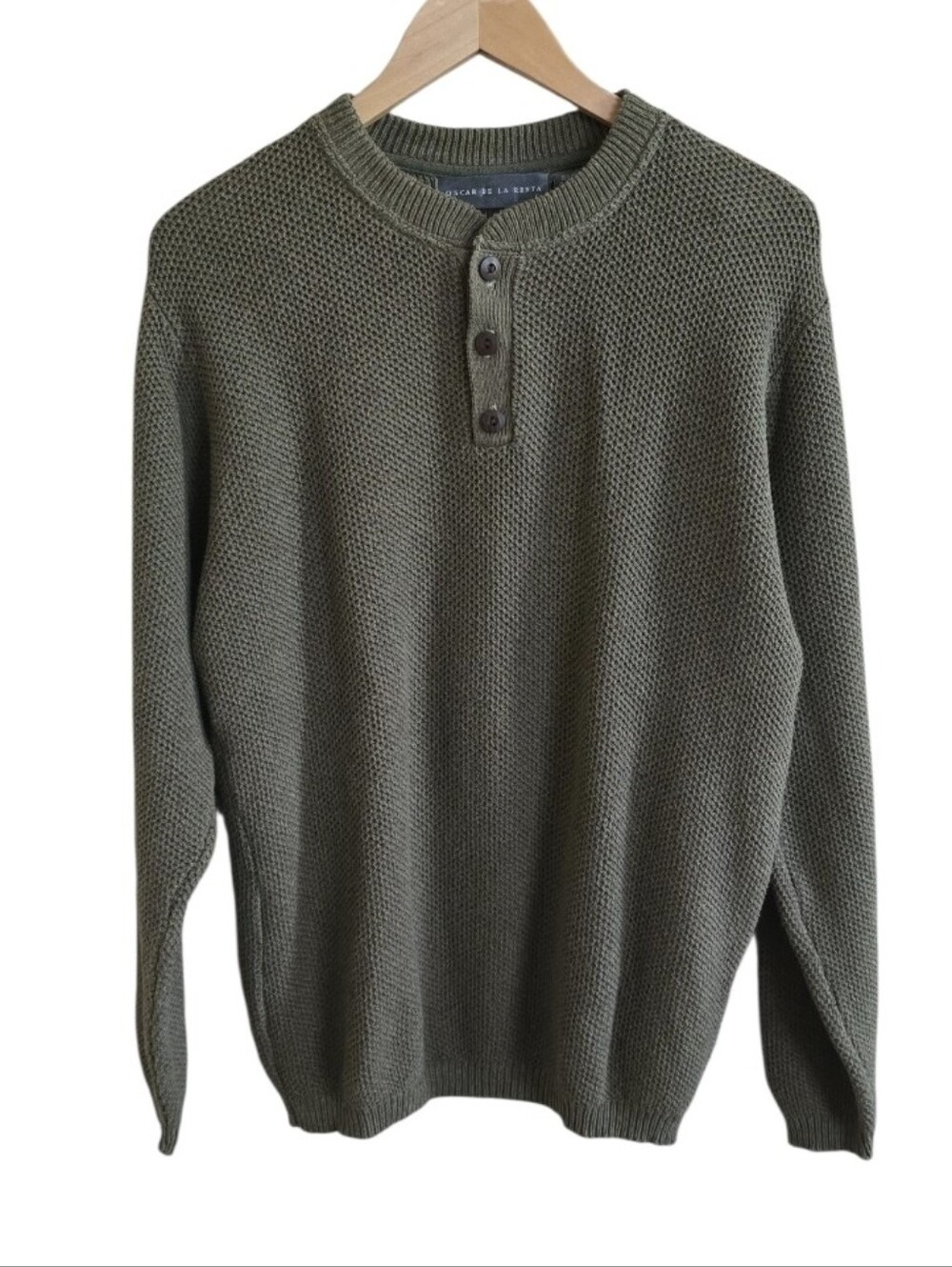 Oscar De La Renta Men's Preppy Olive Green 1/4 Button Knit Sweater. Size Large
